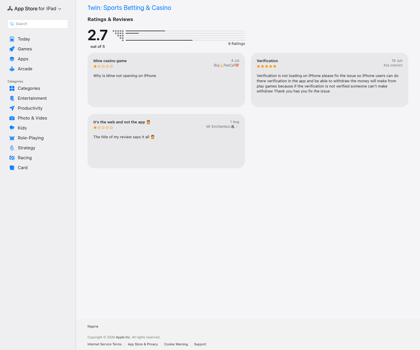 Captura de la ficha de App Store asociada con el nombre 1win
