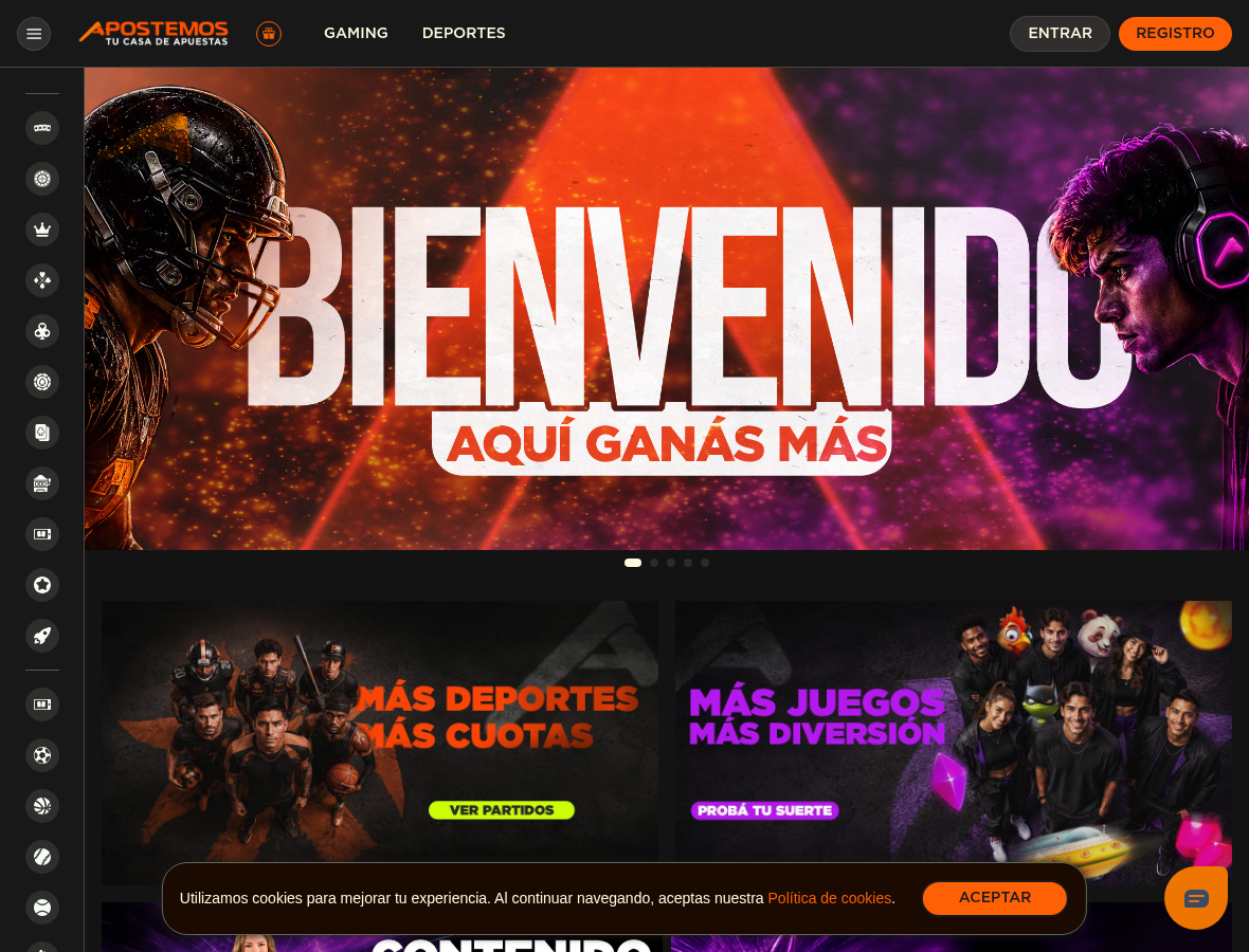 Captura de la plataforma Apostemos con secciones de Gaming y Deportes