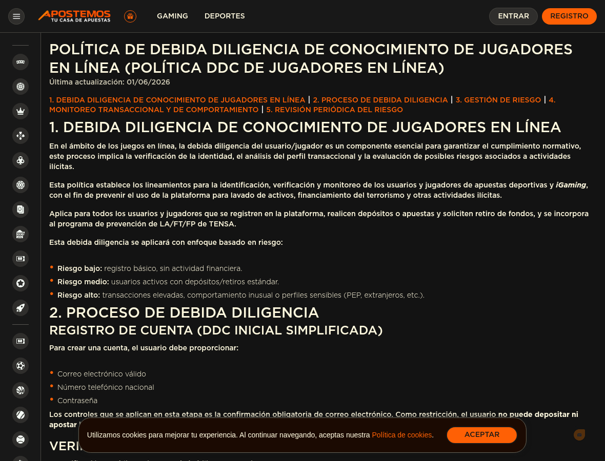 Captura de la política de debida diligencia de Apostemos