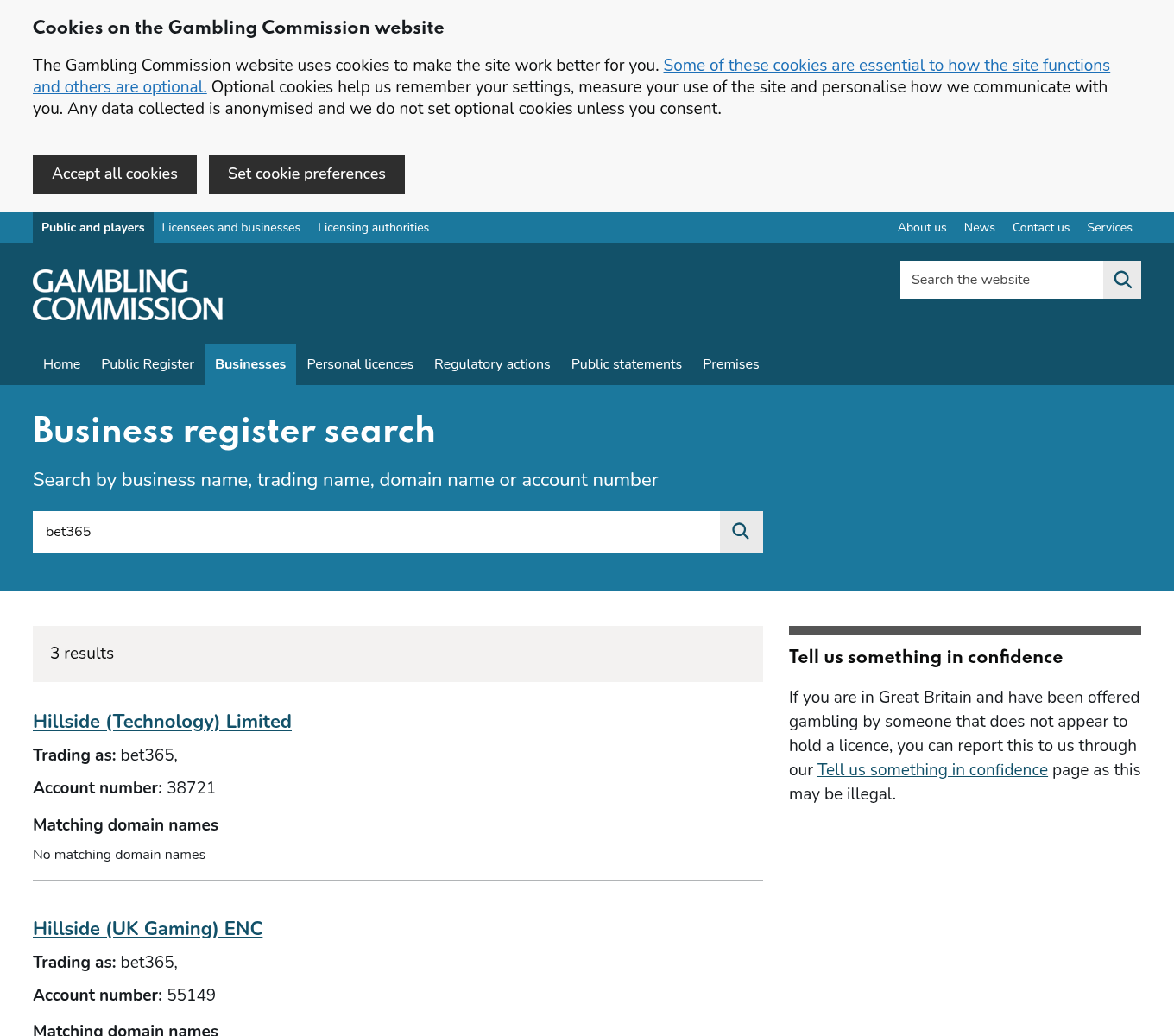 Captura del registro británico consultado para comprobar dominio y entidades Hillside
